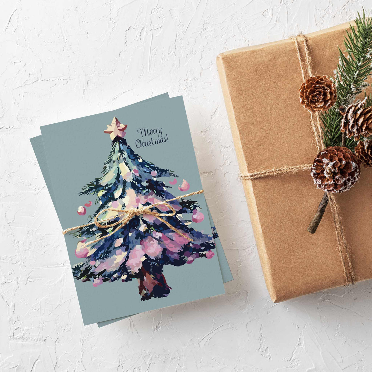 Pastel Snowy Christmas Tree Greeting Cards, Set of 24