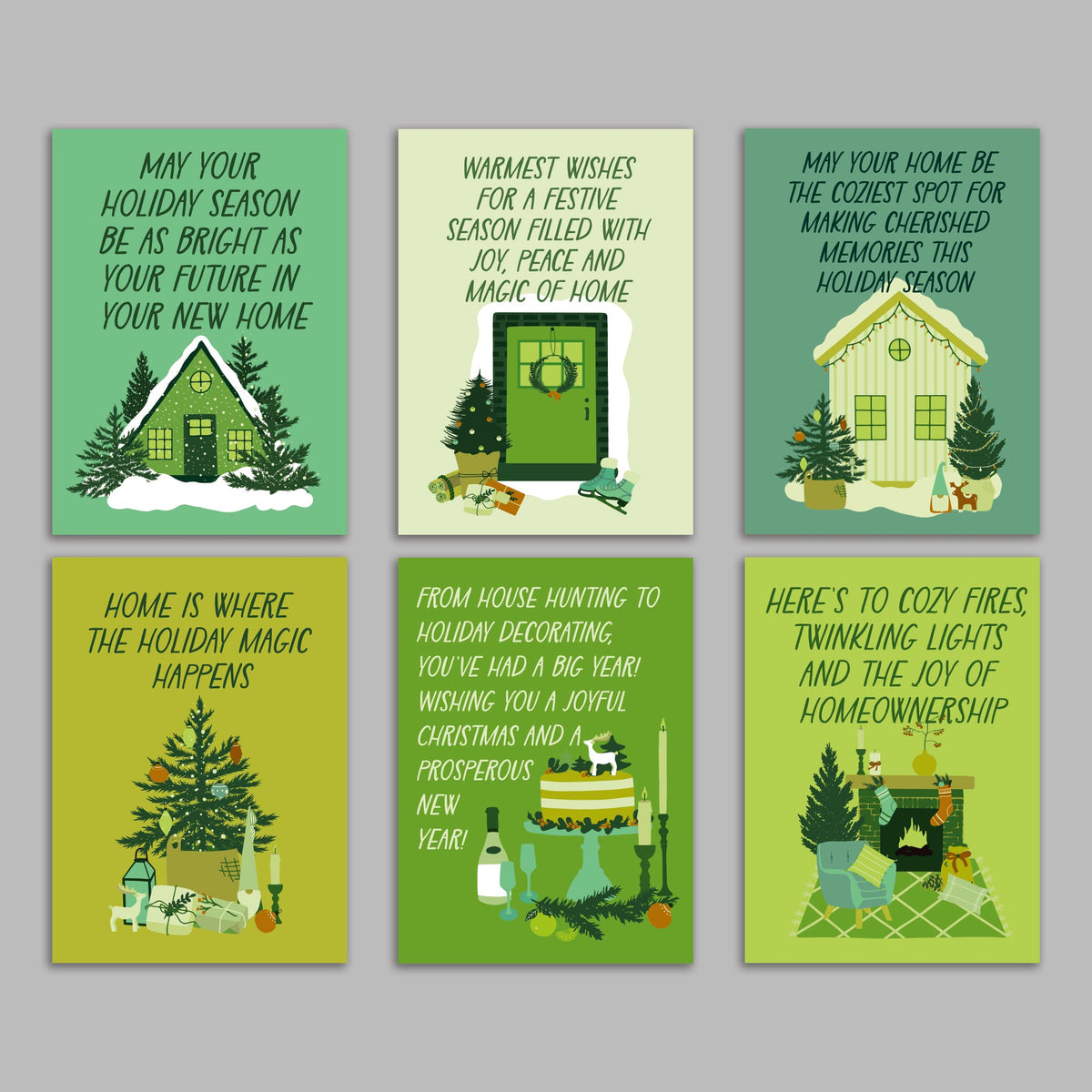 Card assortment with 6 illustrated new home holiday designs on green backgrounds with hand-drawn lettering.