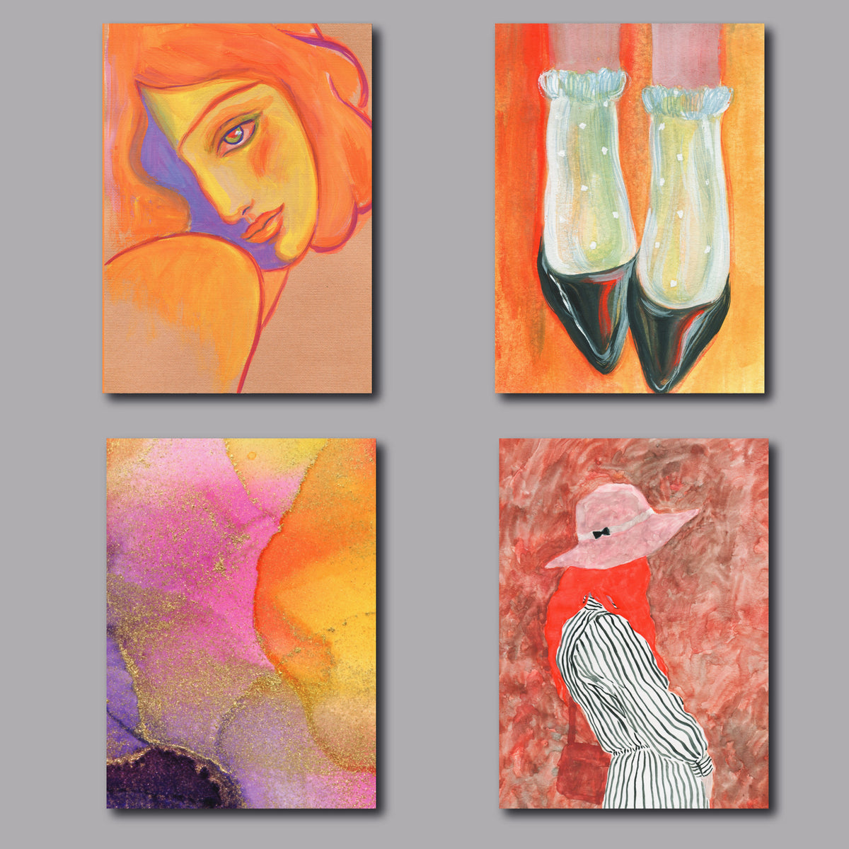 Set of 24 notecards with four alternating abstract and fashion-inspired illustrations in vibrant full-bleed artwork.