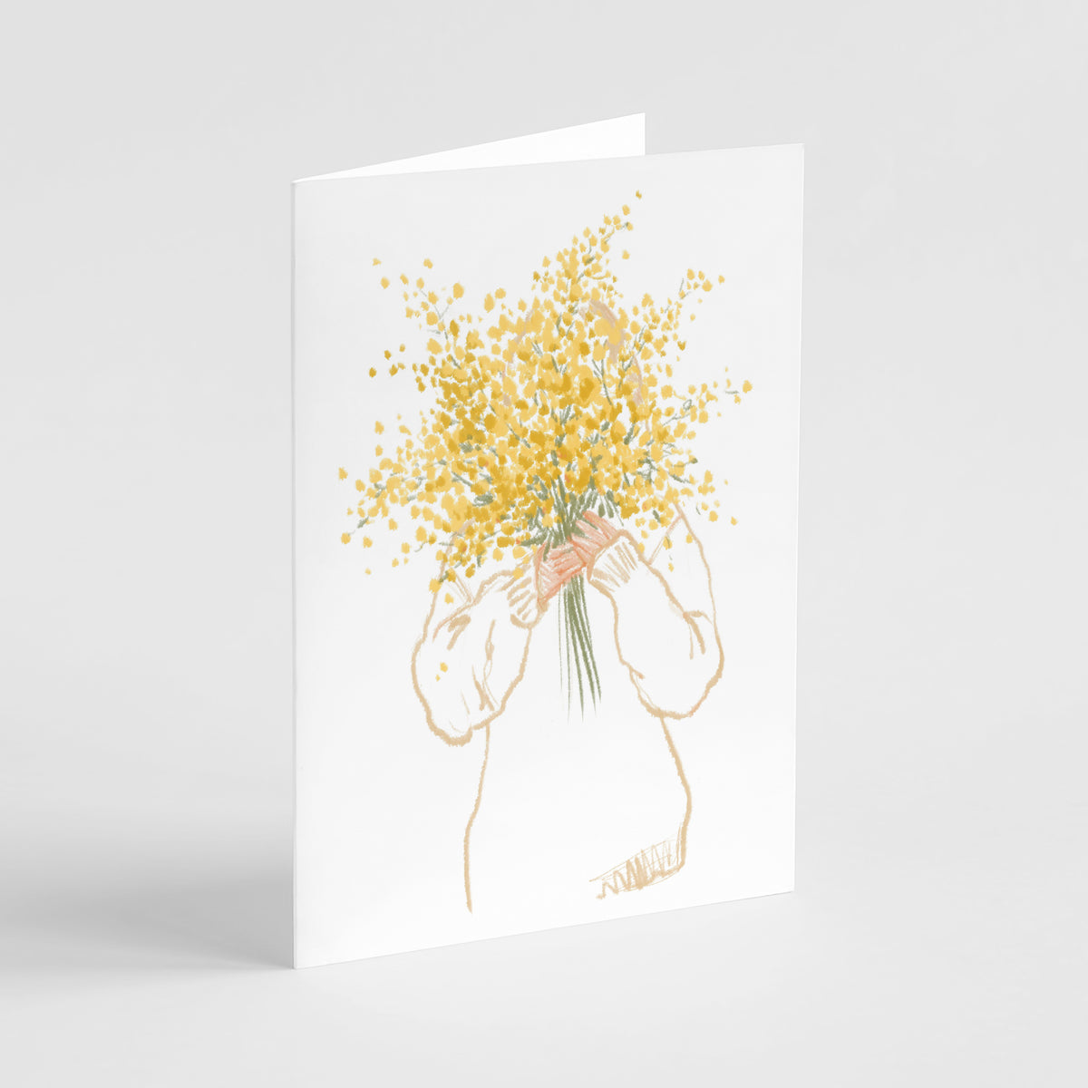 Card set featuring a sketched figure carrying an oversized bouquet of yellow flowers.