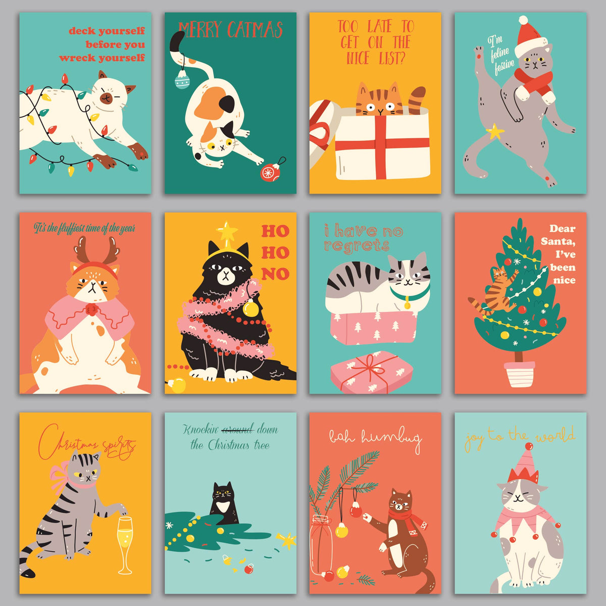 Set of 24 holiday greeting cards featuring illustrated cats and humorous one-line jokes.