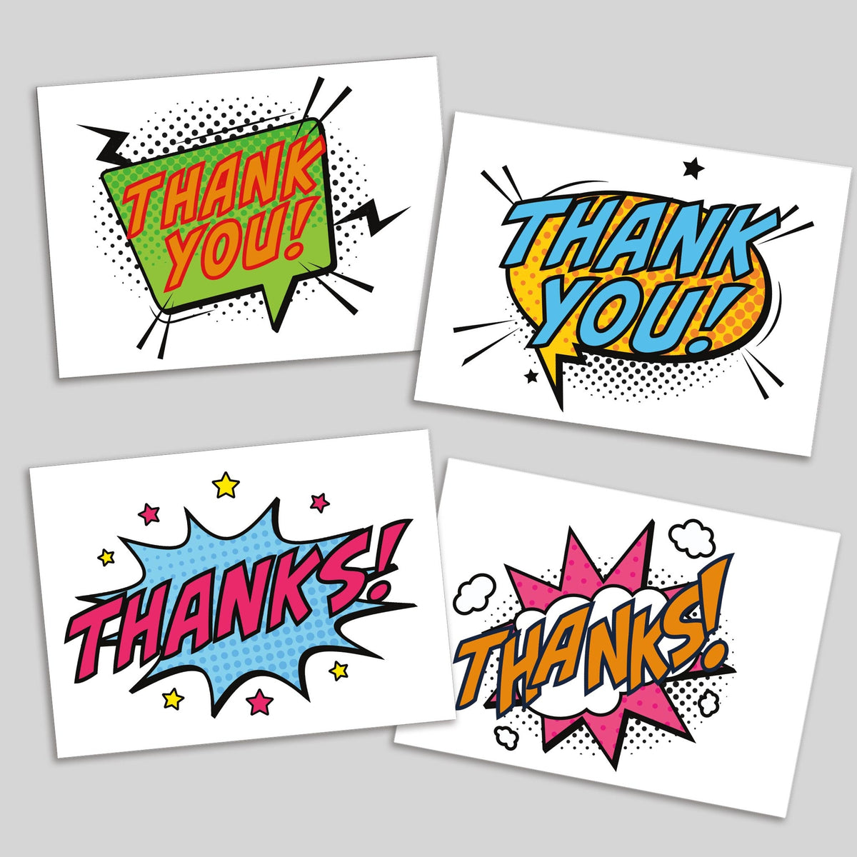 Set of 24 cards in 4 comic book designs featuring bold speech bubbles and starburst shapes with halftone dot patterns.