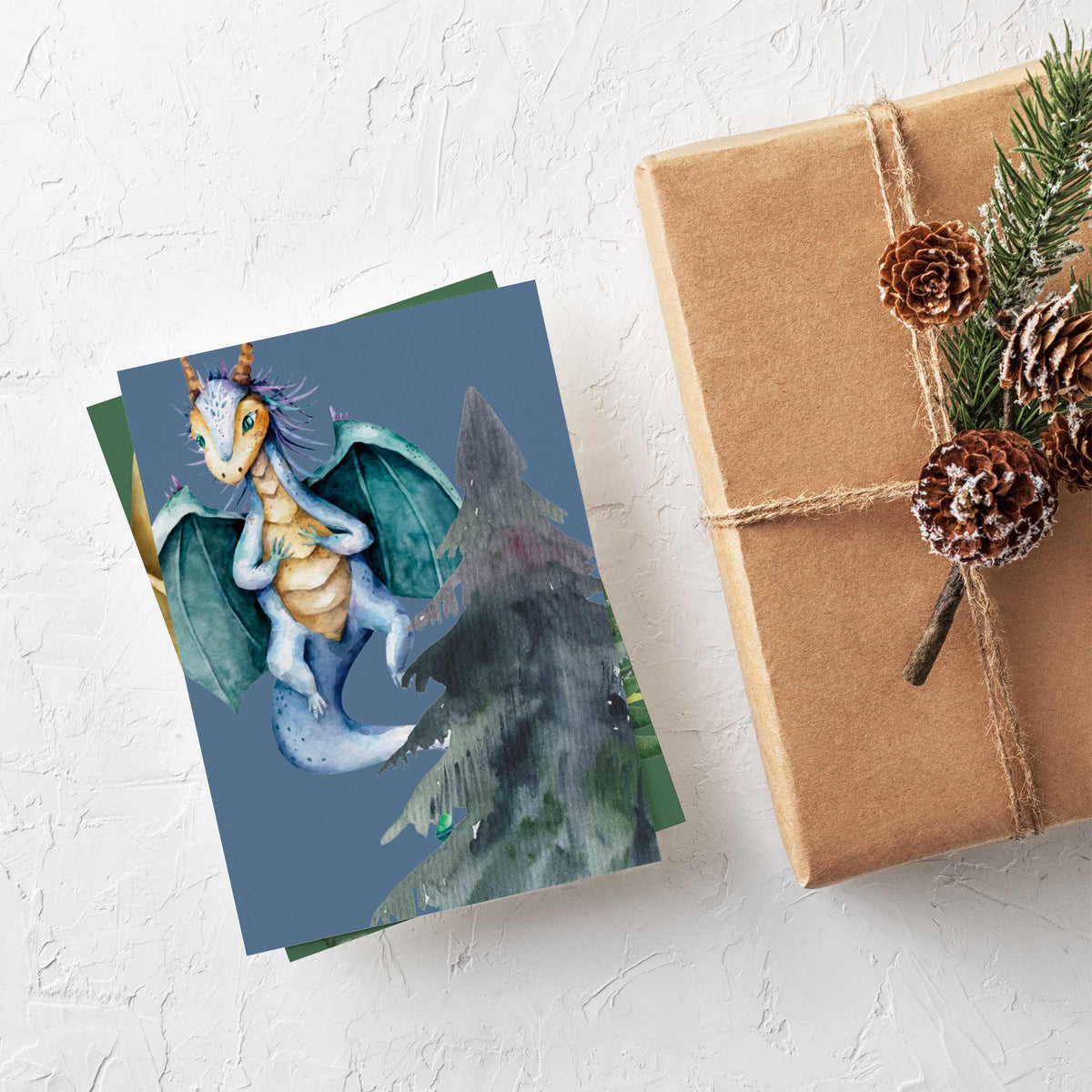 Whimsical Dragon Christmas Tree Greeting Cards, Set of 24