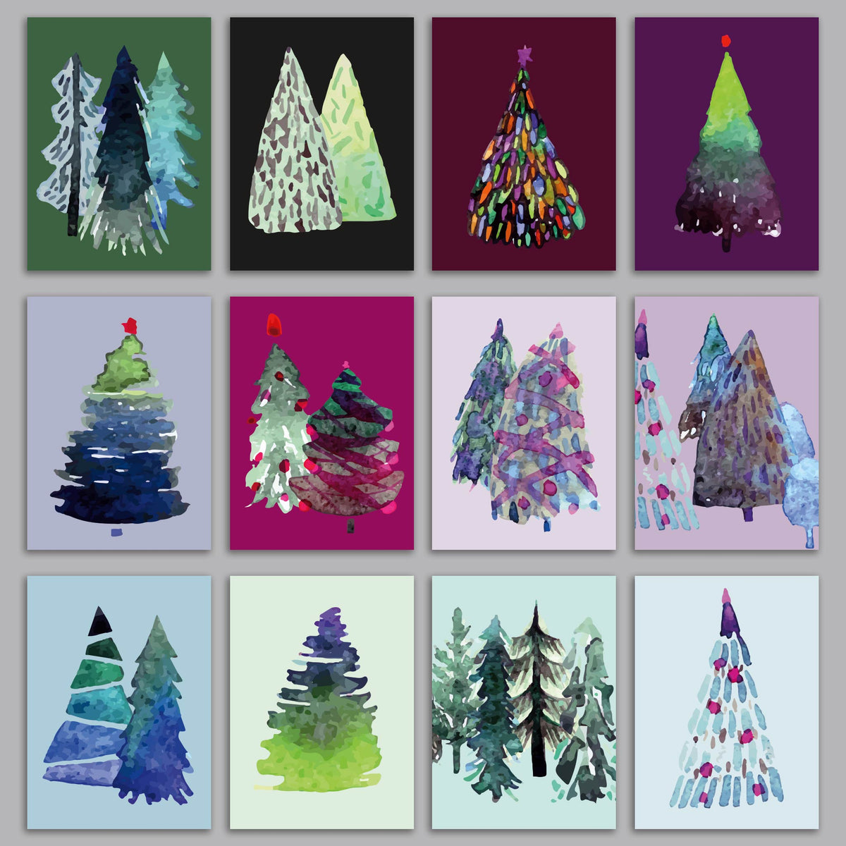 Pack of 24 Christmas cards featuring abstract angular tree illustrations in varied colorways.