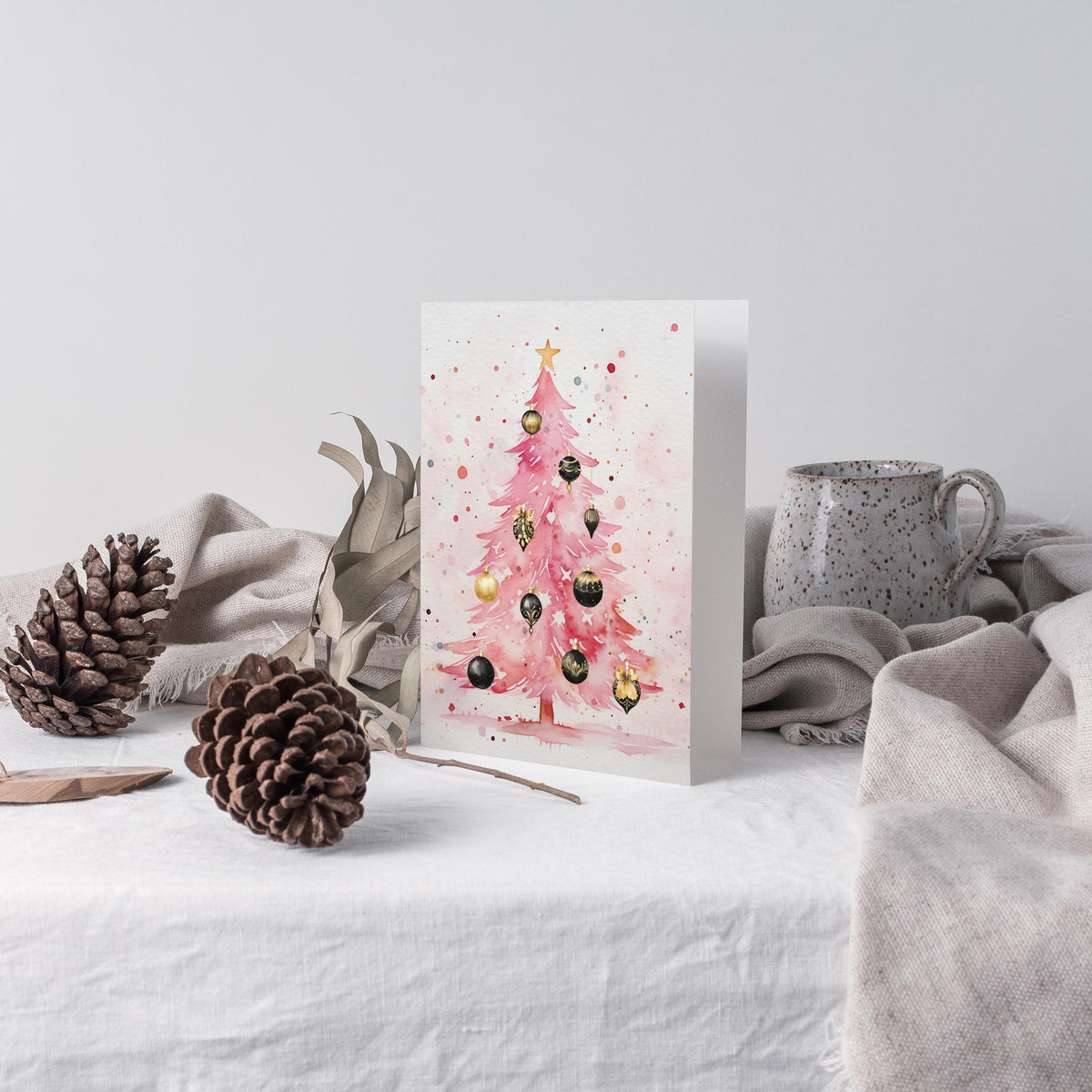 Pink Watercolor Christmas Tree Greeting Cards, Set of 24