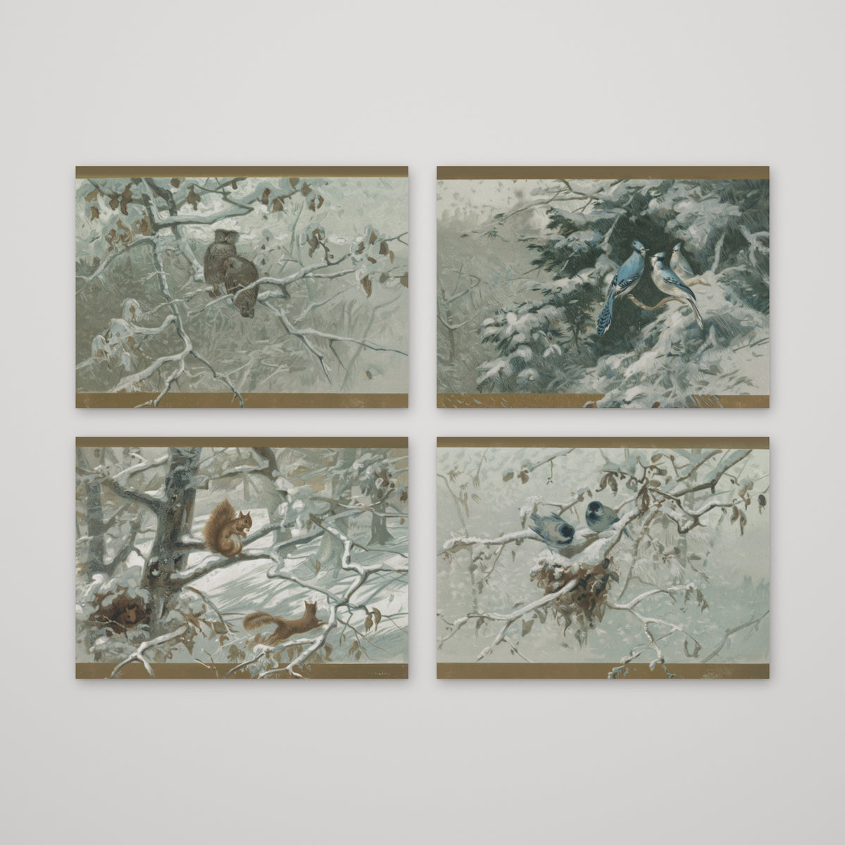 Greeting cards featuring four winter woodland wildlife scenes in sage, gray-green, and white.
