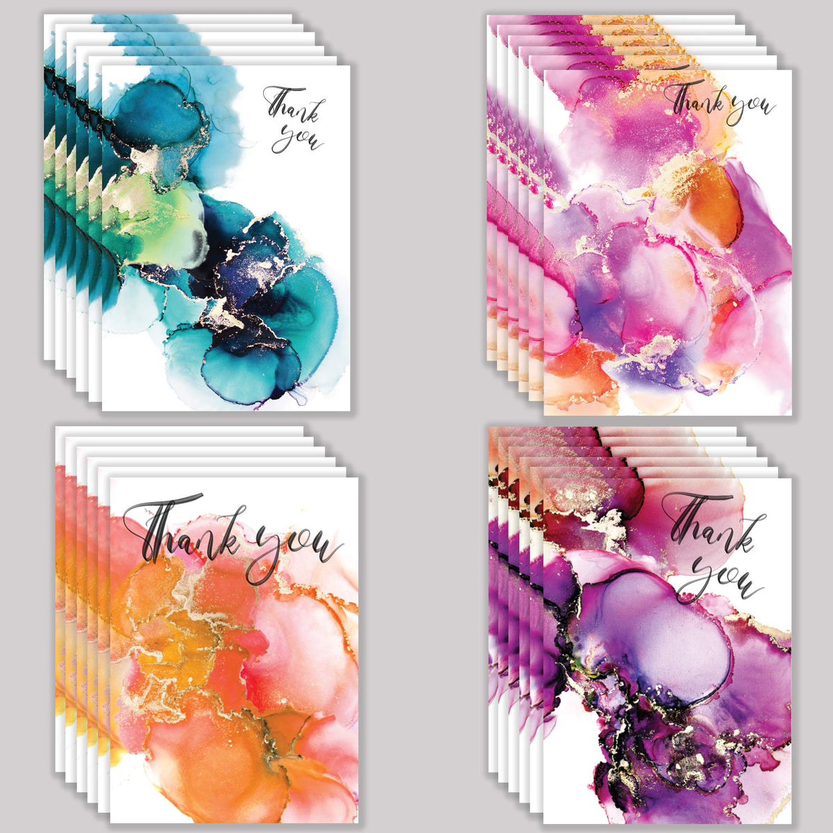 White card stock with fluid abstract patterning and "Thank you" in black brush-script lettering.