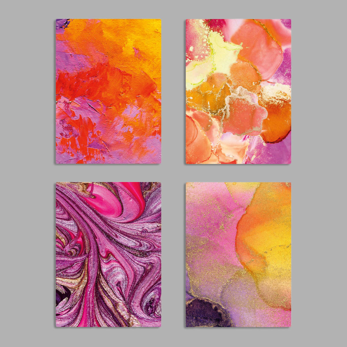 Set of 24 notecards featuring four alternating abstract marbled designs in vibrant mixed tones.