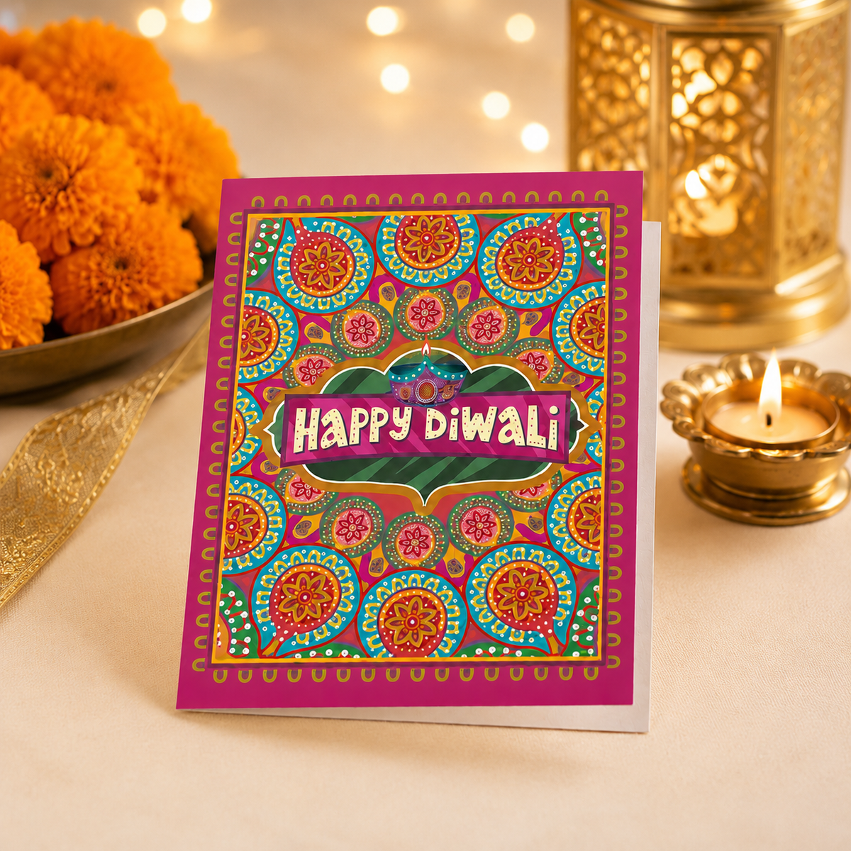 Set of 24 Diwali notecards featuring two alternating designs with bold "Happy Diwali" text.