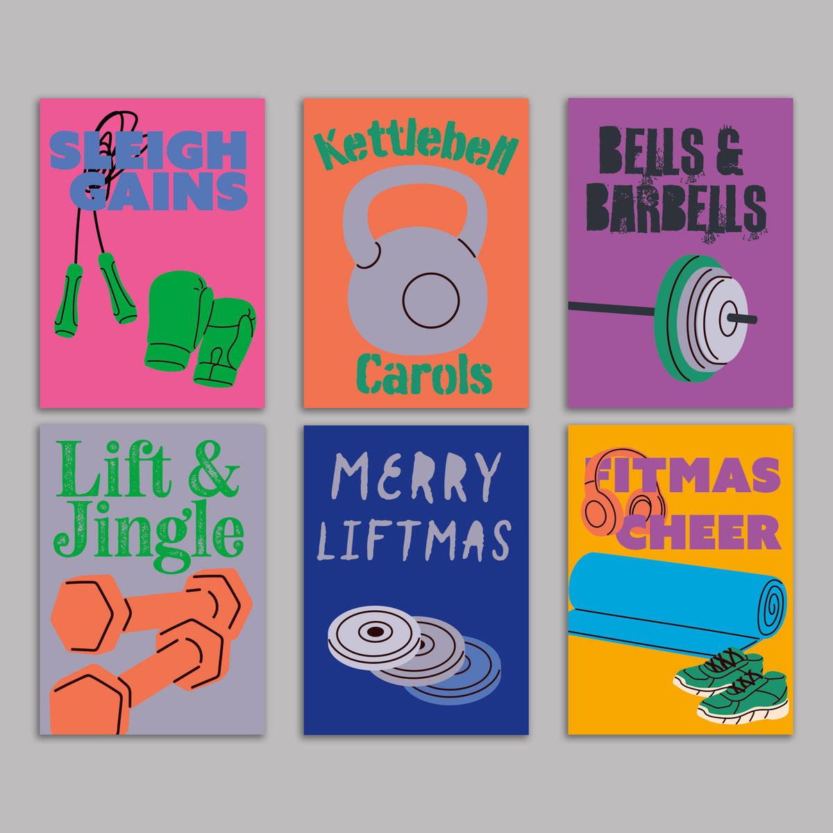 Card set with six Christmas fitness pun designs including "Sleigh Gains" and "Merry Liftmas," four cards per design.