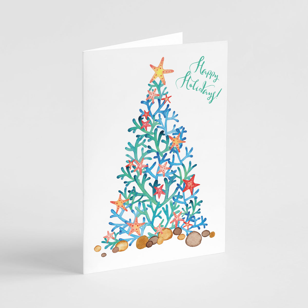 Set of 24 holiday cards in two designs, each showing a coral and starfish Christmas tree on a white background.