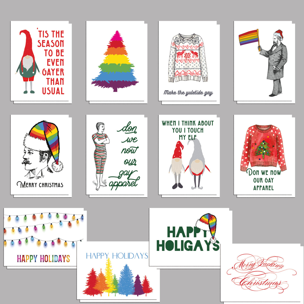 Set of 24 holiday cards with LGBTQ+ humor, mixing illustration, vintage engraving, and text styles.