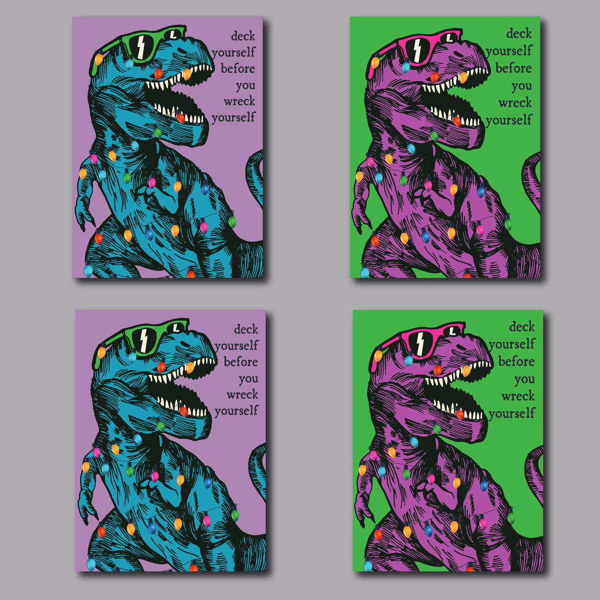 Christmas cards with an engraving-style T-rex wrapped in string lights and text on green or lavender.