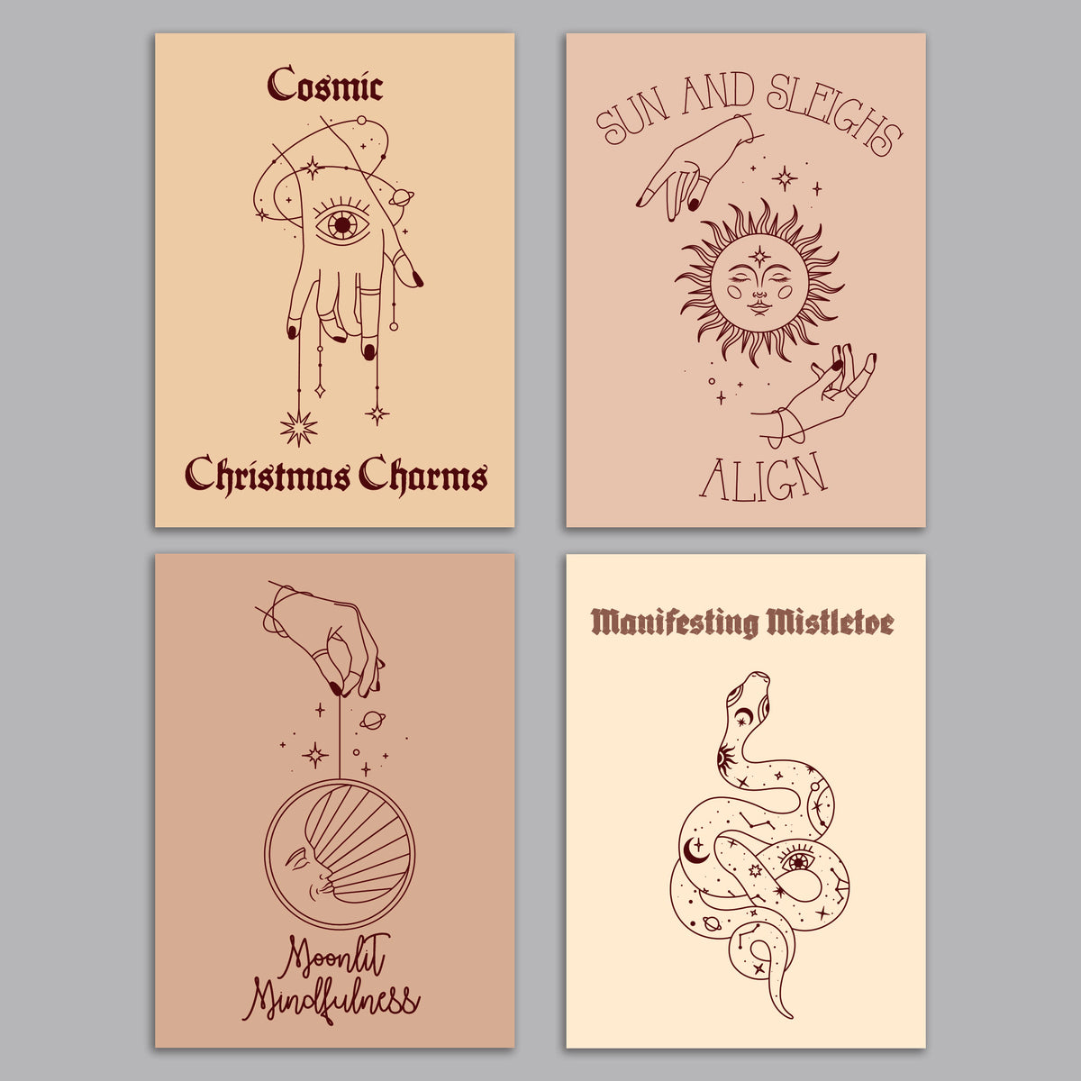 Boxed set of 24 Christmas cards featuring hand-drawn celestial illustrations and serif and script-style typography.