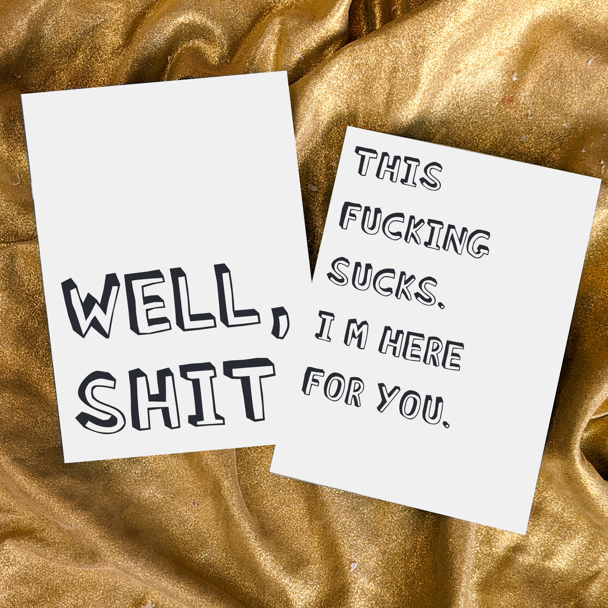 Black and white card set with four typographic designs, each printed with one blunt phrase in all-caps lettering.