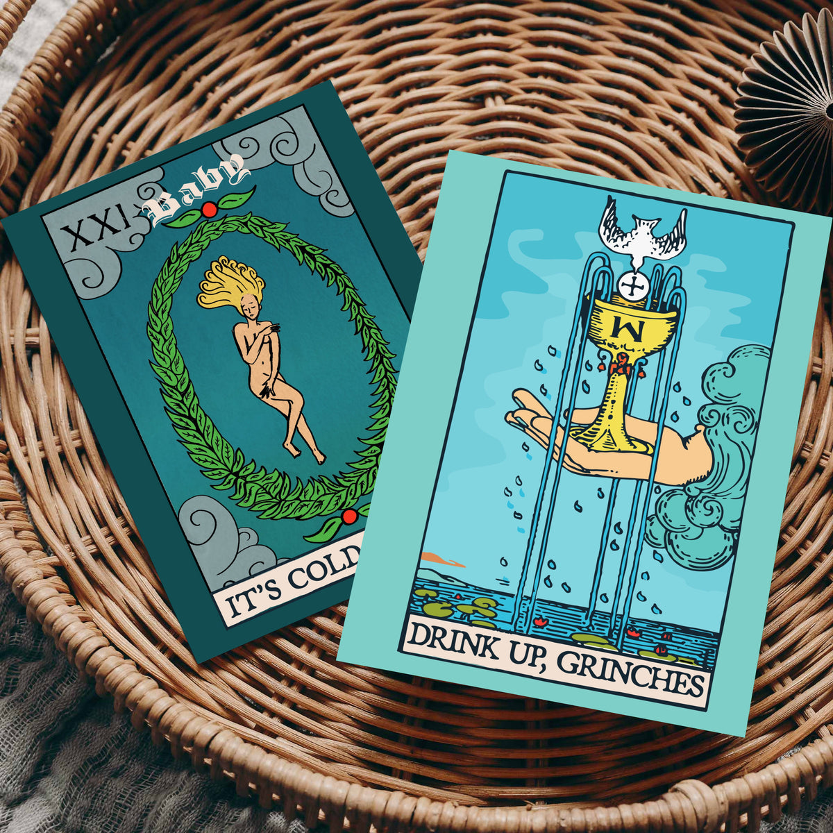 Six tarot card parody designs printed 4 times each, with black-outlined illustrations and holiday phrases.