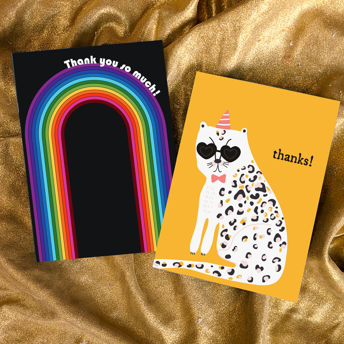 Thank-you cards featuring a pixel-art robot, two dragons, an astronaut, and a rocket ship with a dinosaur porthole.