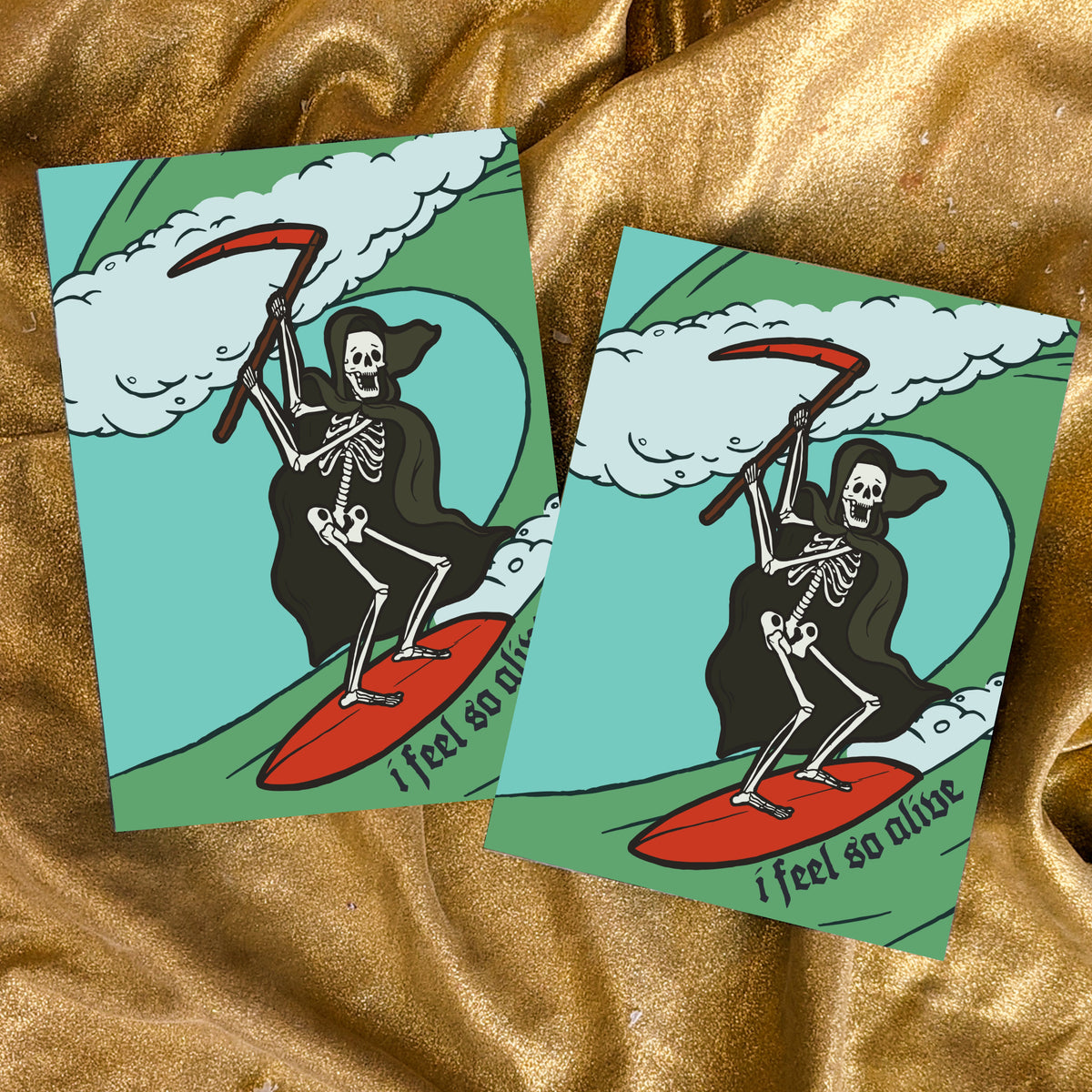 Illustrated skeleton surfer cards with phrase "i feel so alive" in handwritten-style black text, 24 count.