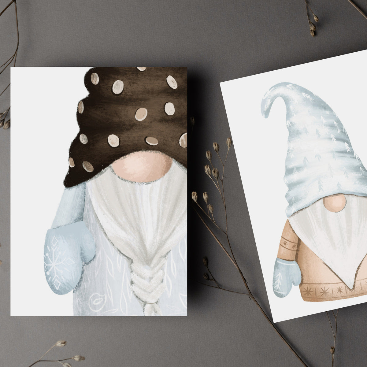 Gnome card set with pointed hats, beards, and varied accessories in muted watercolor tones.