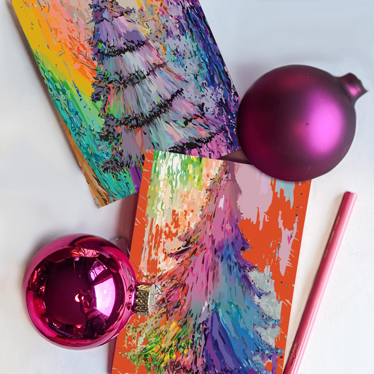 Six brushstroke-style Christmas tree designs in varied color palettes, 24 cards total.
