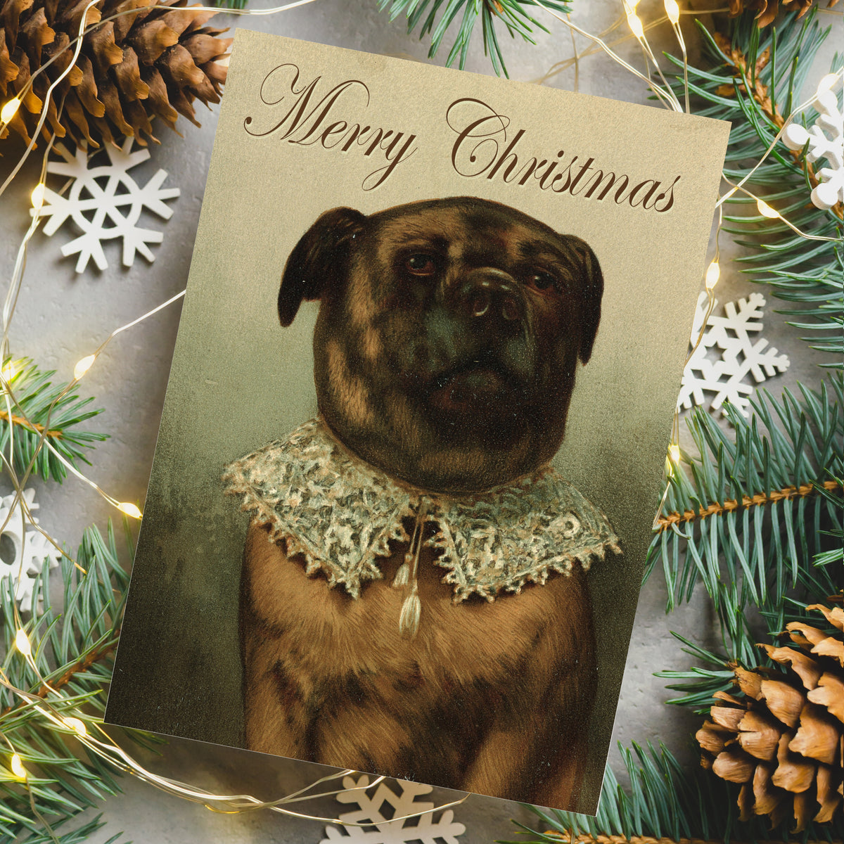 Set of 24 Christmas cards featuring a painted brindle pug wearing a wide lace collar with picot edging and tassel tie.