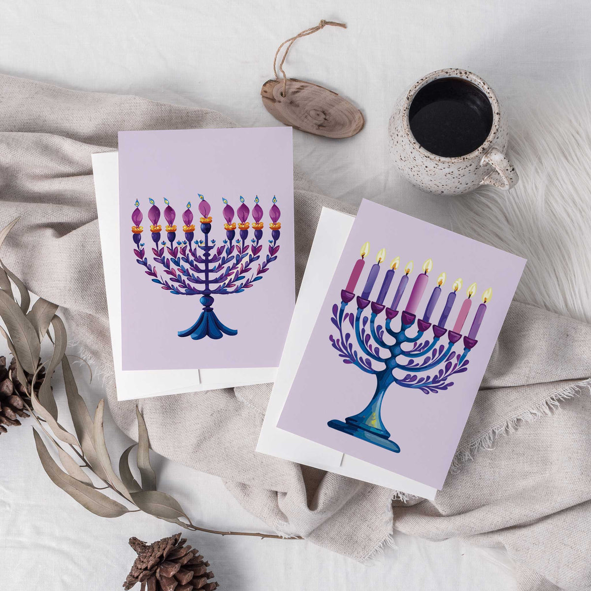 Blooming Menorahs Hanukkah Greeting Cards, Set of 24