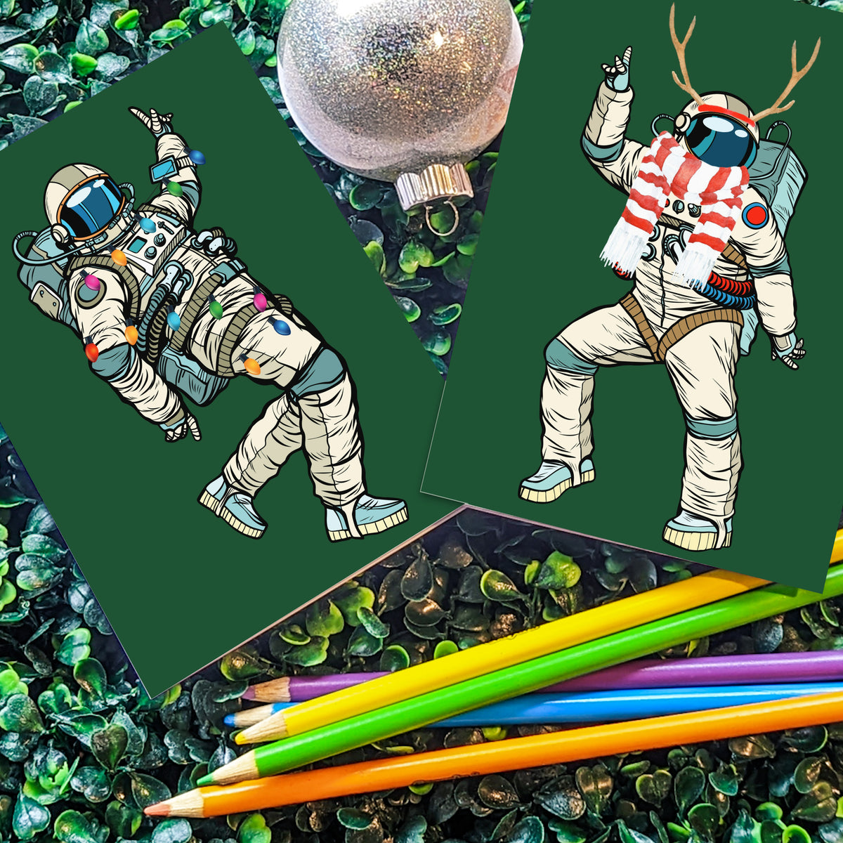 Holiday card set with four illustrated astronaut designs, six cards each, no printed text on fronts.