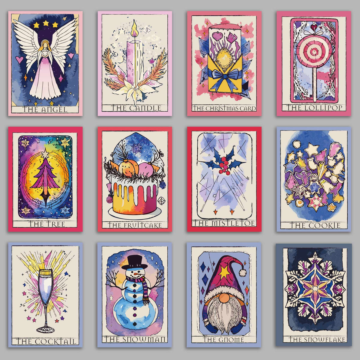 Card holiday set styled as tarot cards with cream panels, colored outer borders, and serif title text.
