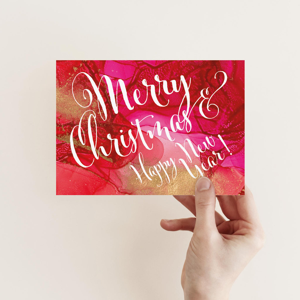 Pink Alcohol Ink Merry Christmas Greeting Cards, Set of 24
