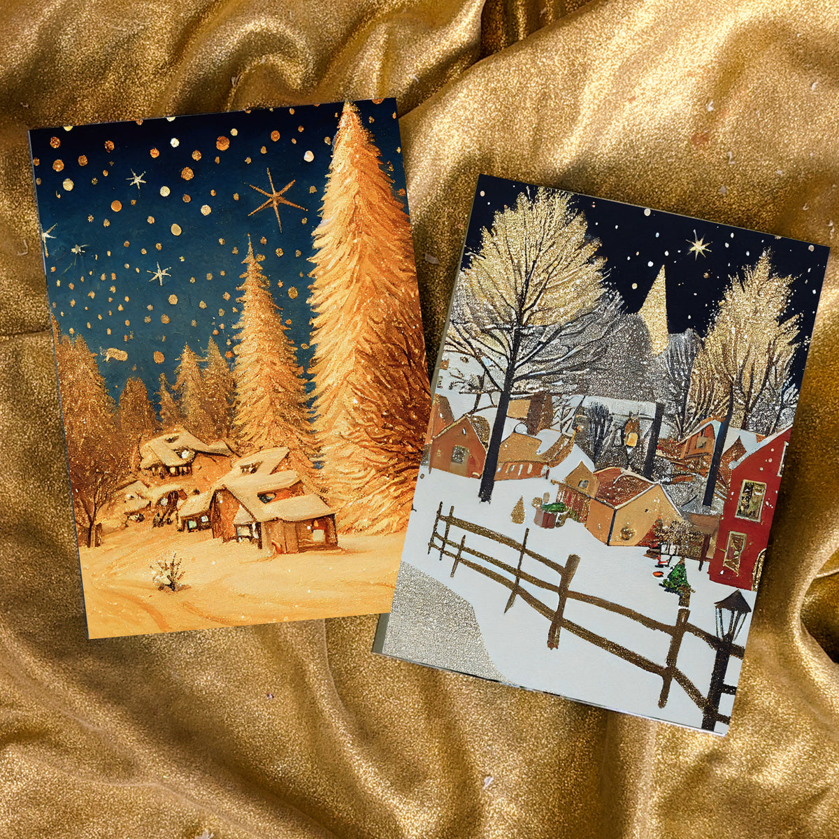 Christmas card set with four rotating designs of gold-toned winter village and pine forest scenes.