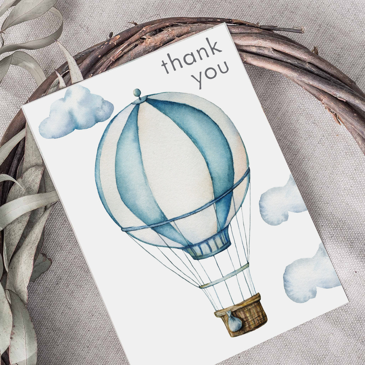Set of 24 thank you cards featuring a watercolor-style hot air balloon with rope rigging and woven basket.