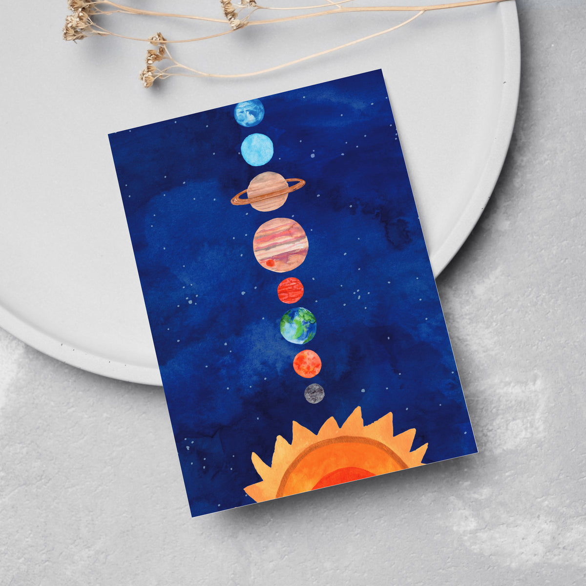 Card boxed set with Mercury through Neptune in a vertical column over a half-circle sun illustration.