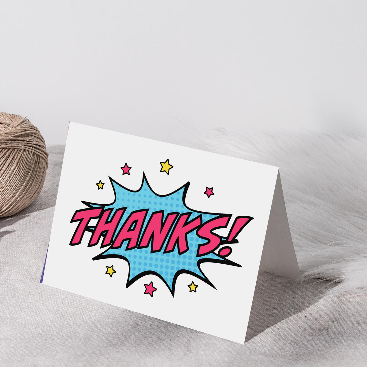 Thank you cards with comic book graphics including starburst and speech bubble shapes in bright colors on white backgrounds.
