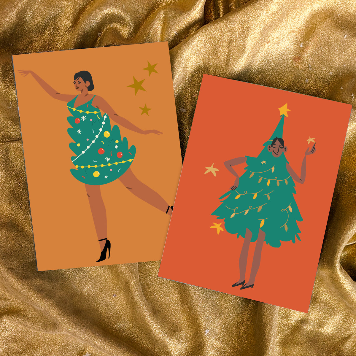 Holiday and Halloween greeting cards, 12 illustrated designs each printed twice, no text on card faces.