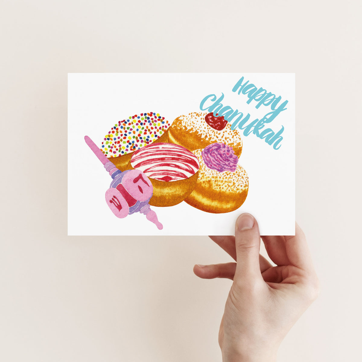 Sufganiyot and Dreidel Happy Chanukah Greeting Cards, Set of 24