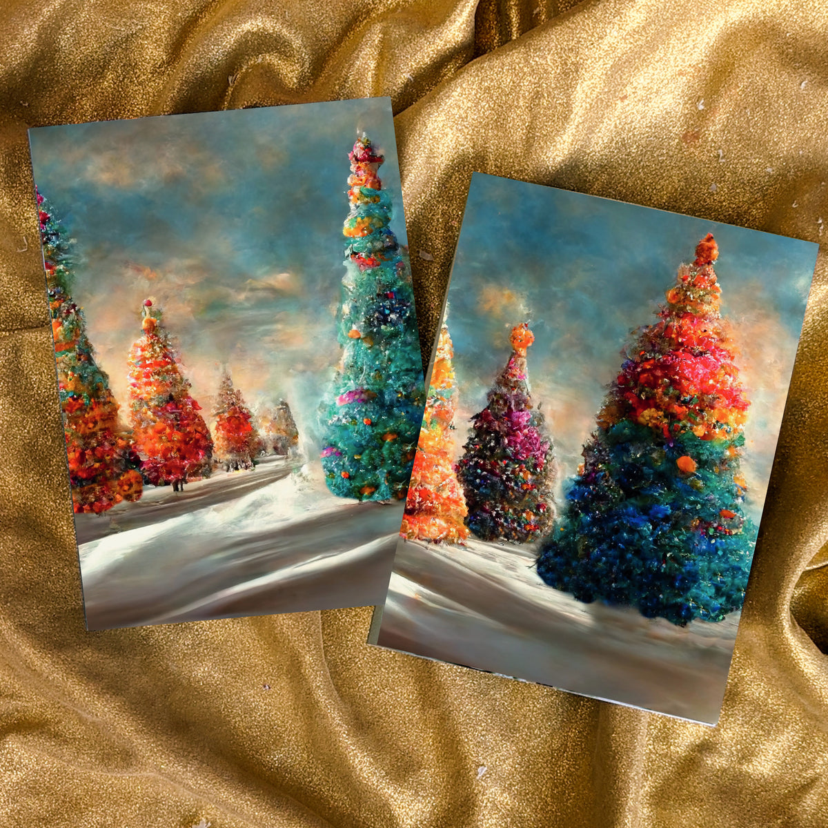 Holiday cards with textured painted Christmas tree scenes across four color variations.