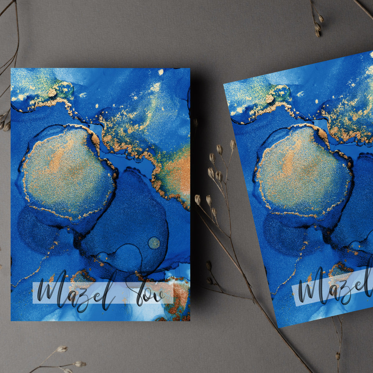 Boxed greeting cards, 24 count, one design, blue alcohol-ink-style pattern with gold flecks and script lettering.