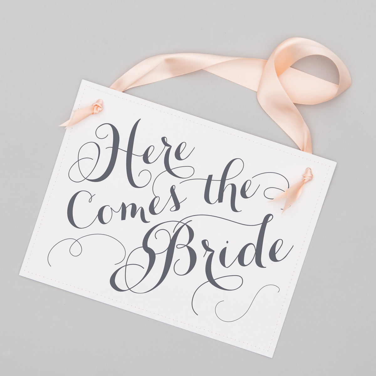 Here Comes the Bride Sign, Gray Script with Blush Pink Ribbon