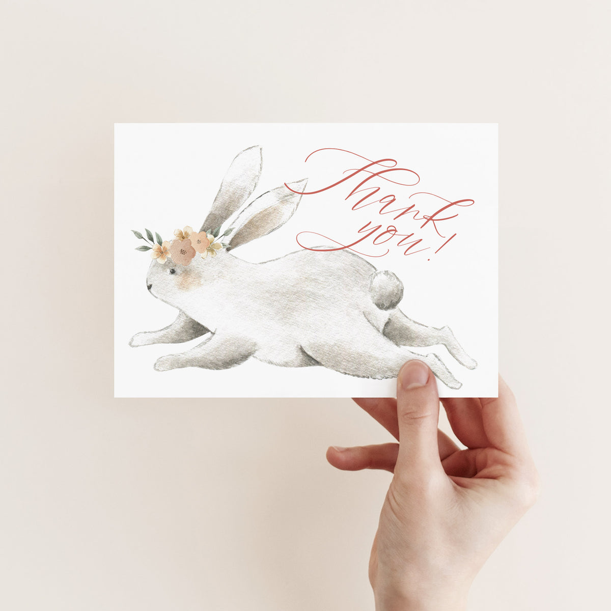 Set of 24 thank you cards featuring a hand-drawn bunny wearing a floral crown.