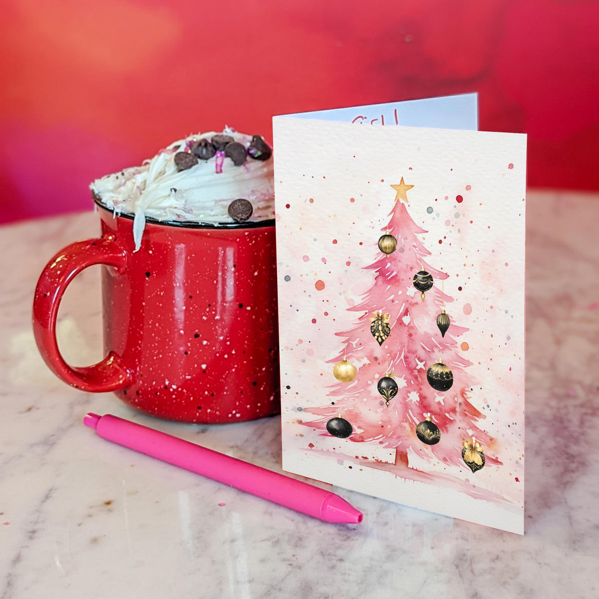 Pink Watercolor Christmas Tree Greeting Cards, Set of 24