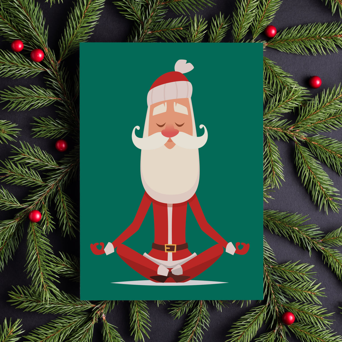 Holiday card set with Santa performing yoga poses including lotus, lunge, and warrior on varied backgrounds.