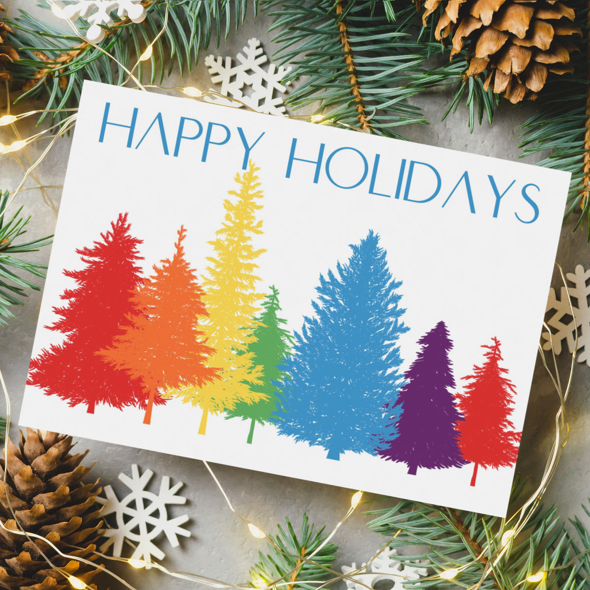 Card holiday set featuring rainbow imagery, gnome illustrations, and festive LGBTQ+ phrases.