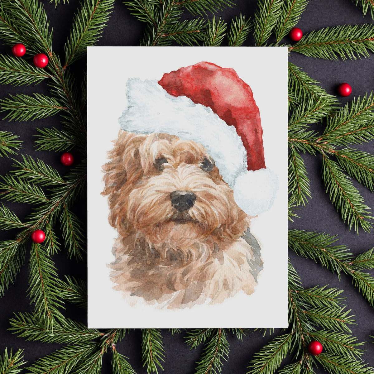 Watercolor-style labradoodle in a red and white Santa hat, centered portrait on white card, no text.