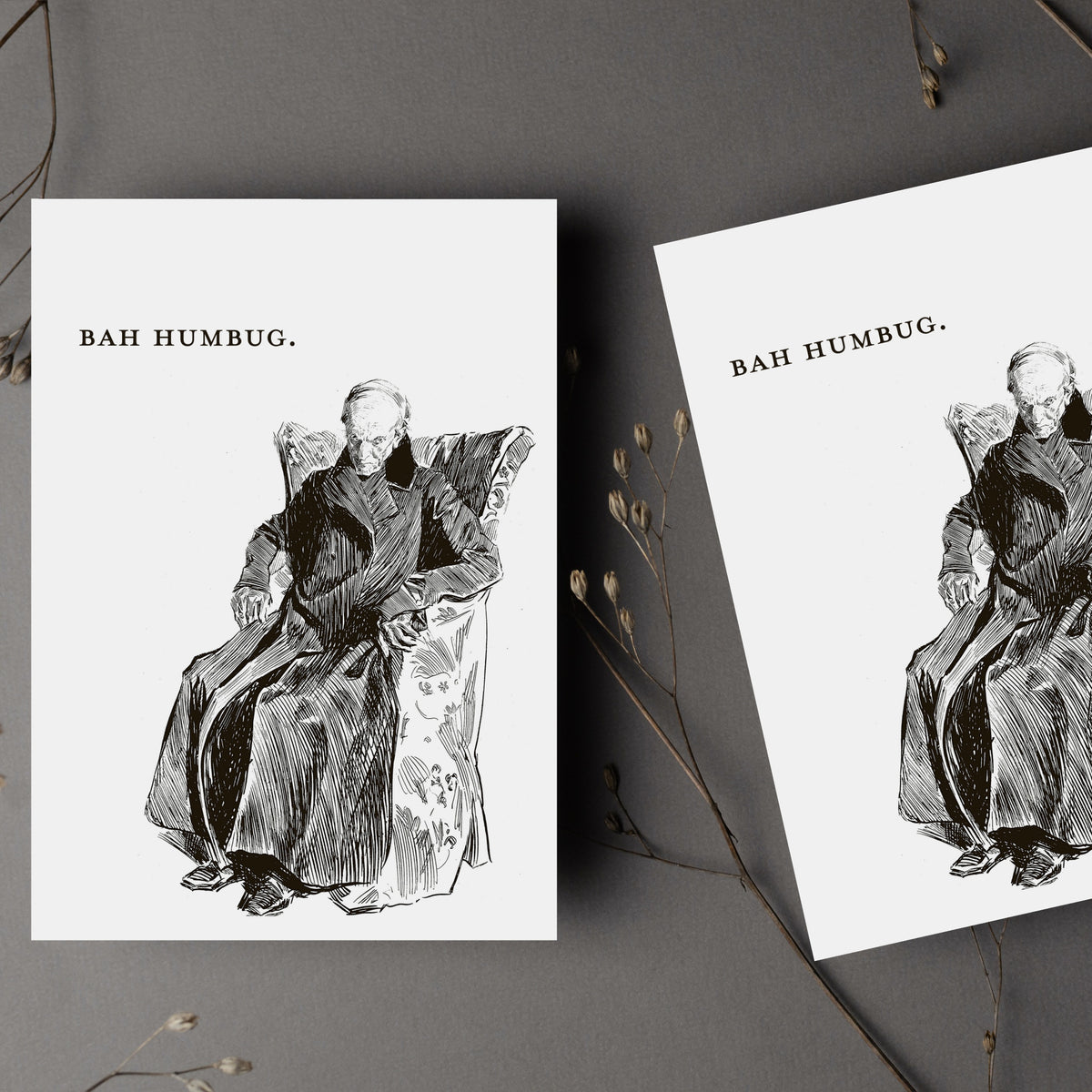 Black-and-white holiday card set, 24 count, with a cross-hatched illustration captioned "BAH HUMBUG." in serif type.