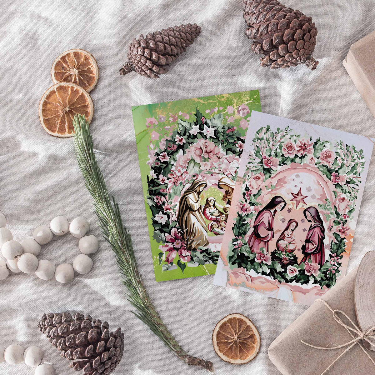 Floral Nativity Christmas Greeting Cards, Set of 24