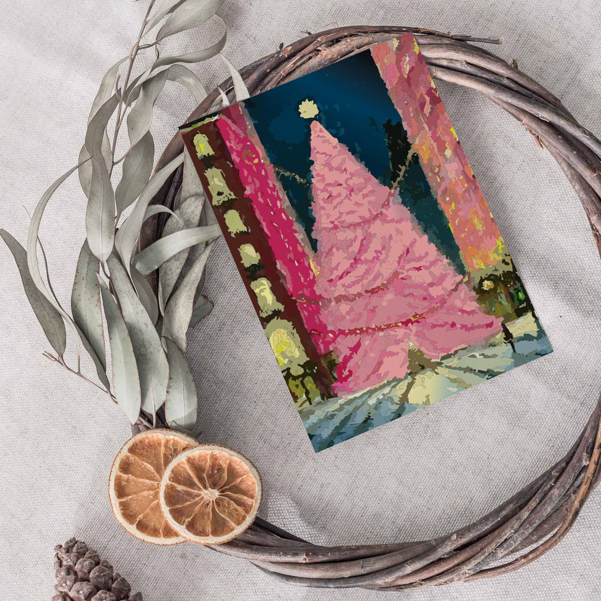 Glowing Pink Christmas Tree Greeting Cards, Set of 24