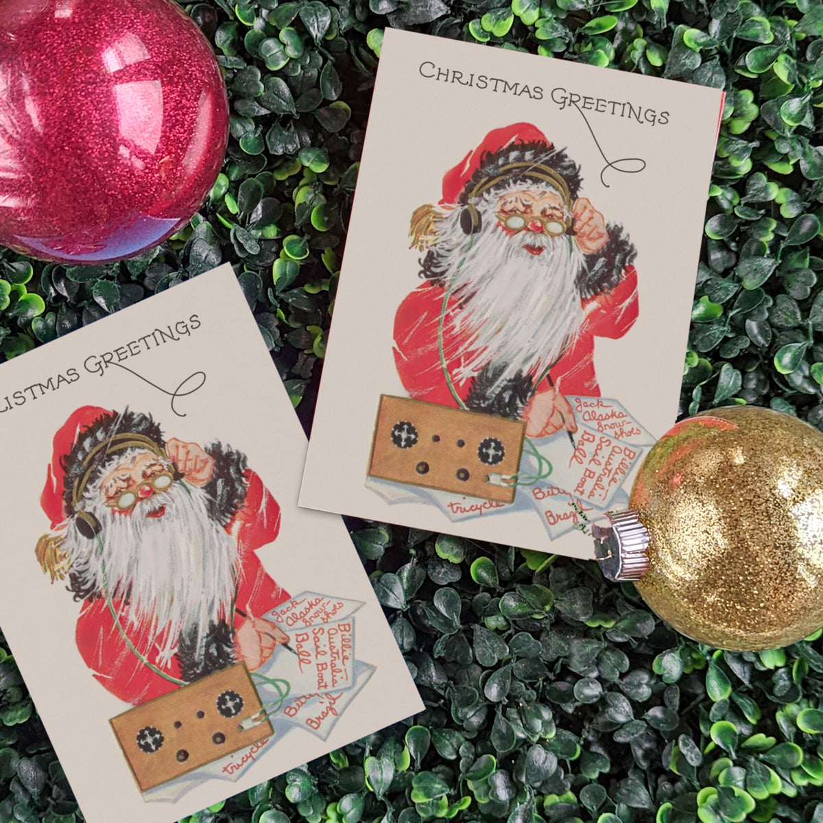 Christmas card set, single design: Santa wearing pince-nez glasses and over-ear headphones, cream card stock.