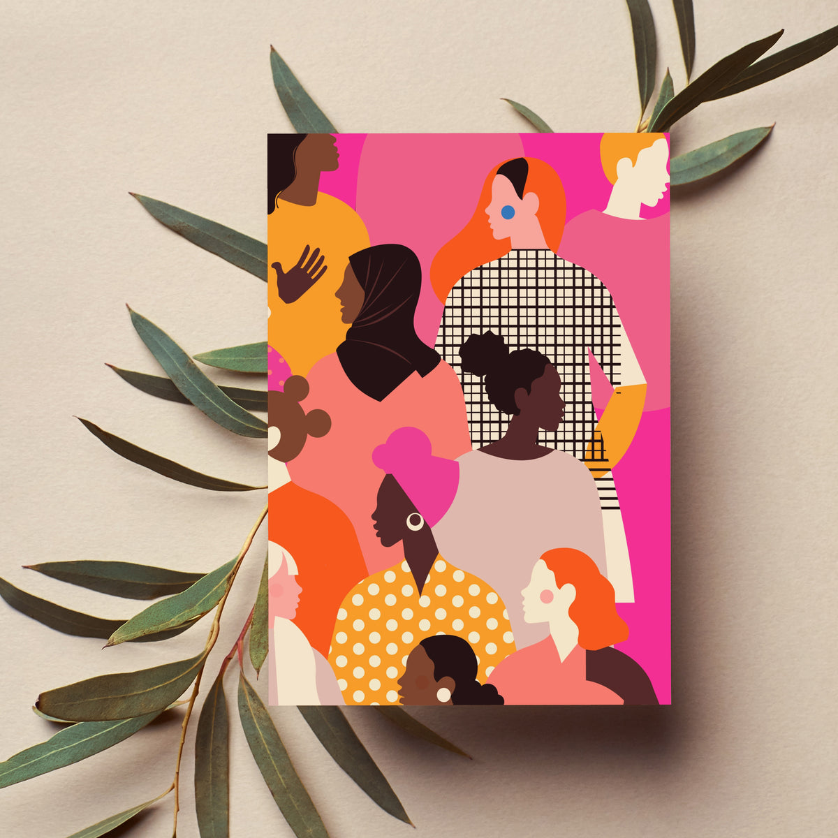 Flat illustration card showing women in profile and three-quarter views with varied skin tones and hair styles.