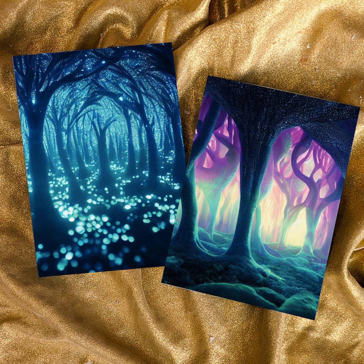 Fantasy forest card set, 24 cards across six designs with glowing orbs and atmospheric light sources.