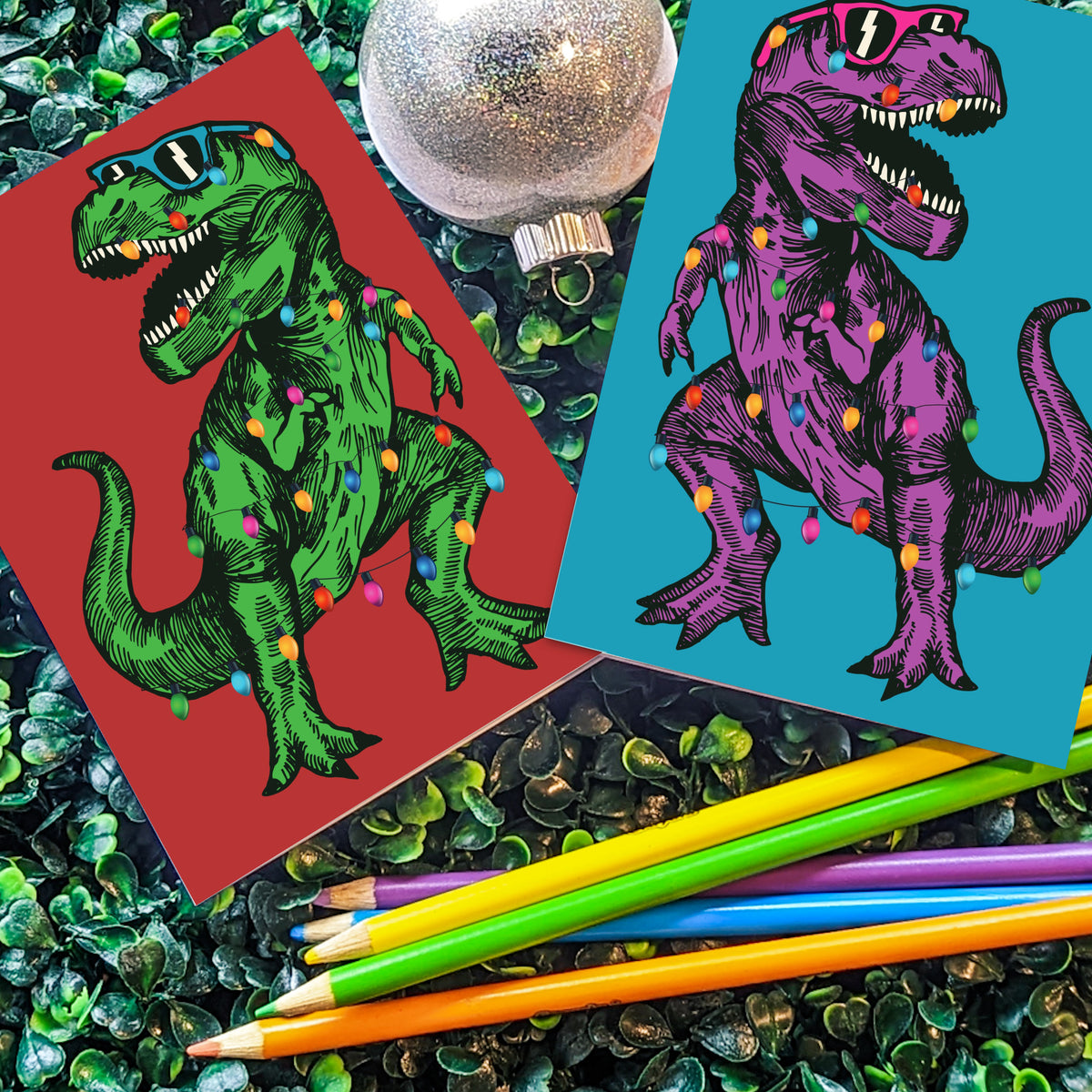 Set of 24 cards in two designs: purple T-Rex on teal and green T-Rex on red, each wearing wayfarer sunglasses.